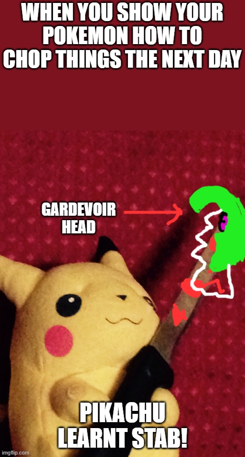 when your pikechu goes a little crazy with a knife | WHEN YOU SHOW YOUR POKEMON HOW TO CHOP THINGS THE NEXT DAY; GARDEVOIR HEAD; PIKACHU LEARNT STAB! | image tagged in pikachu learned stab | made w/ Imgflip meme maker