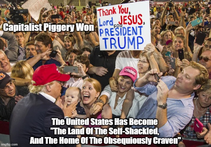Capitalist Piggery Wins | Capitalist Piggery Won; The United States Has Become 
"The Land Of The Self-Shackled, 
And The Home Of The Obsequiously Craven" | image tagged in land of the free,home of the brave,capitalism,capitalist pigs | made w/ Imgflip meme maker