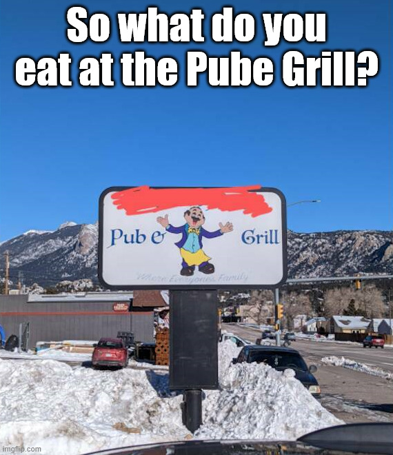 The right font makes a difference | So what do you eat at the Pube Grill? | image tagged in funny signs,fonts,eating,order up | made w/ Imgflip meme maker