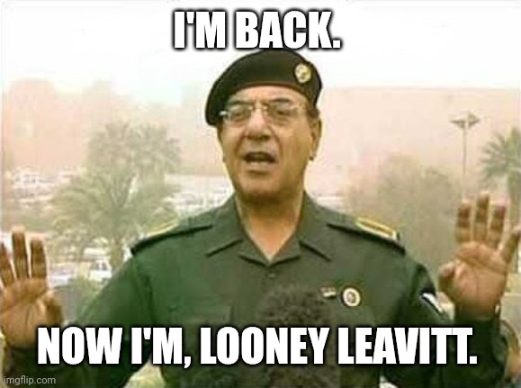 Comical Ali | I'M BACK. NOW I'M, LOONEY LEAVITT. | image tagged in comical ali | made w/ Imgflip meme maker