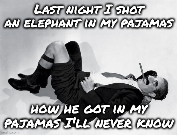 reclining Groucho | Last night I shot an elephant in my pajamas how he got in my pajamas I'll never know | image tagged in reclining groucho | made w/ Imgflip meme maker