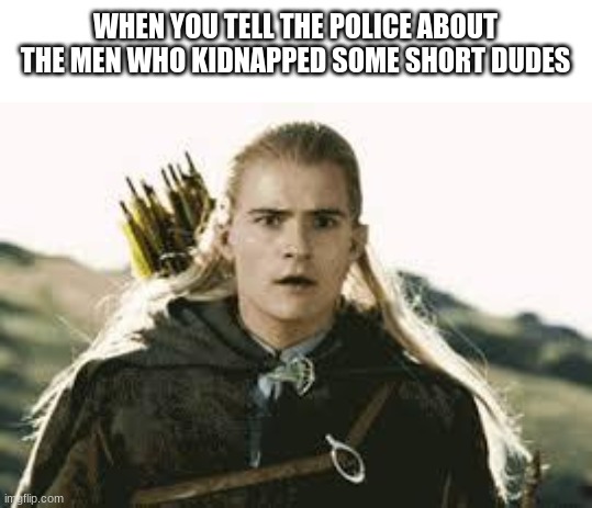 THEY'RE TAKING THE HOBBITS TO ISENGARD | WHEN YOU TELL THE POLICE ABOUT THE MEN WHO KIDNAPPED SOME SHORT DUDES | image tagged in they're taking the hobbits to isengard,lord of the rings | made w/ Imgflip meme maker