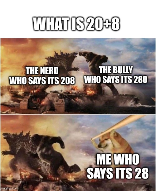 Kong Godzilla Doge | WHAT IS 20+8; THE BULLY WHO SAYS ITS 280; THE NERD WHO SAYS ITS 208; ME WHO SAYS ITS 28 | image tagged in kong godzilla doge | made w/ Imgflip meme maker