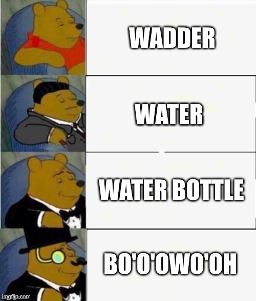 Water | WADDER; WATER; WATER BOTTLE; BO'O'OWO'OH | image tagged in tuxedo winnie the pooh 4 panel | made w/ Imgflip meme maker