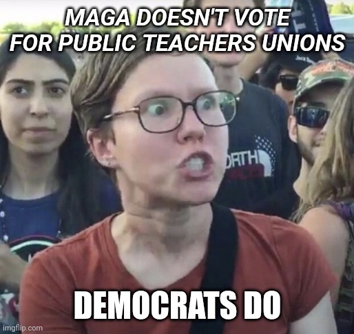 Triggered feminist | MAGA DOESN'T VOTE FOR PUBLIC TEACHERS UNIONS DEMOCRATS DO | image tagged in triggered feminist | made w/ Imgflip meme maker
