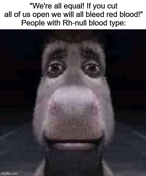 Rh-null blood is rare, only 50 people have it and their blood is gold | "We're all equal! If you cut all of us open we will all bleed red blood!"
People with Rh-null blood type: | image tagged in blood,funny,memes,fun fact,interesting | made w/ Imgflip meme maker