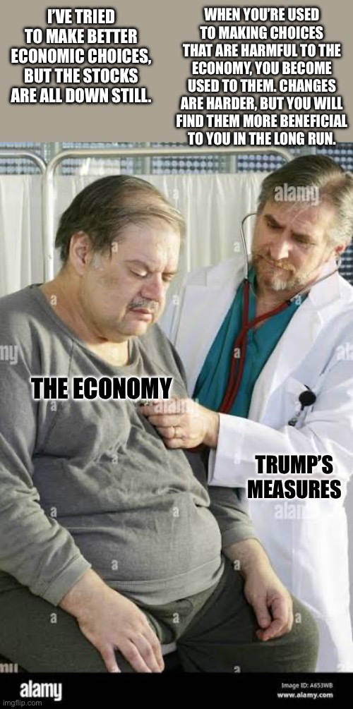 WHEN YOU’RE USED TO MAKING CHOICES THAT ARE HARMFUL TO THE ECONOMY, YOU BECOME USED TO THEM. CHANGES ARE HARDER, BUT YOU WILL FIND THEM MORE BENEFICIAL TO YOU IN THE LONG RUN. I’VE TRIED TO MAKE BETTER ECONOMIC CHOICES, BUT THE STOCKS ARE ALL DOWN STILL. THE ECONOMY; TRUMP’S MEASURES | made w/ Imgflip meme maker
