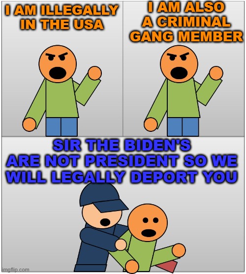 Illegal and criminally hurting Americans | I AM ALSO A CRIMINAL GANG MEMBER; I AM ILLEGALLY IN THE USA; SIR THE BIDEN'S ARE NOT PRESIDENT SO WE WILL LEGALLY DEPORT YOU | image tagged in ice deportation | made w/ Imgflip meme maker