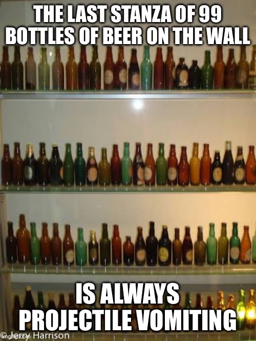 THE LAST STANZA OF 99 BOTTLES OF BEER ON THE WALL; IS ALWAYS PROJECTILE VOMITING | image tagged in 99 bottles of beer | made w/ Imgflip meme maker