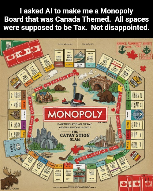 AI for the win | I asked AI to make me a Monopoly Board that was Canada Themed.  All spaces were supposed to be Tax.  Not disappointed. | image tagged in canada,monopoly | made w/ Imgflip meme maker