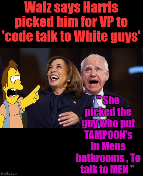 If he had said Black Guys, he would of been called racist. | Walz says Harris picked him for VP to 'code talk to White guys'; " She picked the guy who put TAMPOON's in Mens bathrooms , To talk to MEN " | made w/ Imgflip meme maker