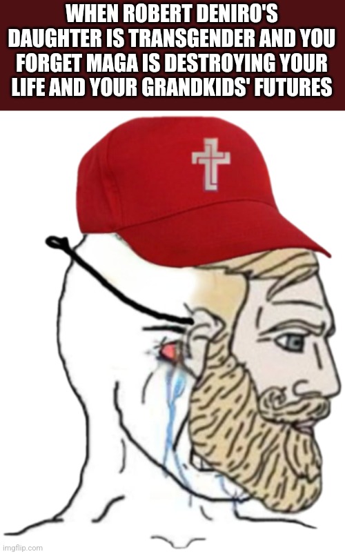 WHEN ROBERT DENIRO'S DAUGHTER IS TRANSGENDER AND YOU FORGET MAGA IS DESTROYING YOUR LIFE AND YOUR GRANDKIDS' FUTURES | image tagged in conservative logic,comedy | made w/ Imgflip meme maker