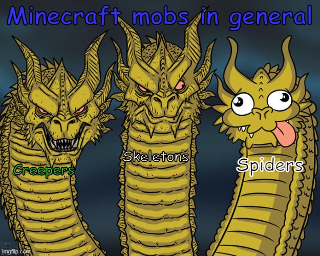 Spiders are kind of harmless | Minecraft mobs in general; Skeletons; Spiders; Creepers | image tagged in three-headed dragon | made w/ Imgflip meme maker