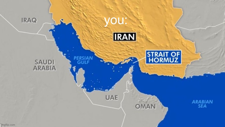 The Strait of Hormuz - 1/5 of the world's crude oil | you: | image tagged in the strait of hormuz - 1/5 of the world's crude oil | made w/ Imgflip meme maker