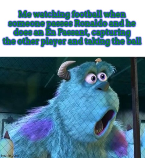 Suprised Sully | Me watching football when someone passes Ronaldo and he does an En Passant, capturing the other player and taking the ball | image tagged in suprised sully,football,soccer,chess | made w/ Imgflip meme maker