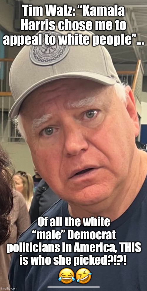 He turned out to be the perfect choice… for M.A.G.A. Republicans… | Tim Walz: “Kamala Harris chose me to appeal to white people”…; Of all the white “male” Democrat politicians in America, THIS is who she picked?!?! 😂🤣 | image tagged in tim walz lies,political meme,token white,kamala harris,vp candidate,democrats | made w/ Imgflip meme maker