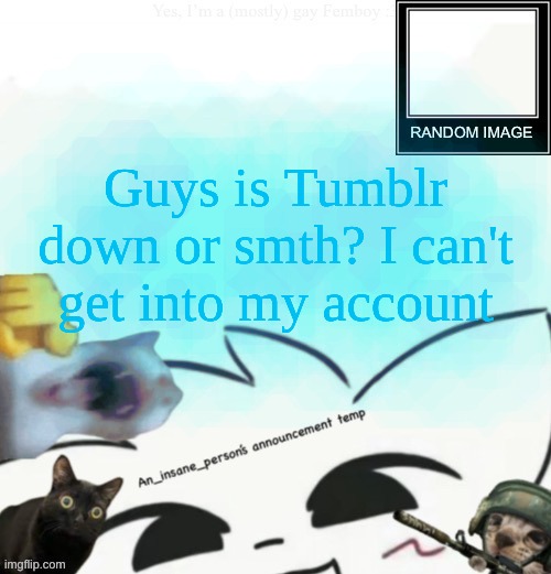 if anyone can, check to see, am I terminated? (account is @an-insane-femboy) | Guys is Tumblr down or smth? I can't get into my account | image tagged in my lil announcement | made w/ Imgflip meme maker