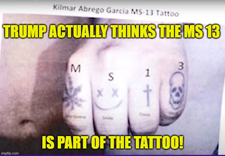 Hold up, Wait a minute | TRUMP ACTUALLY THINKS THE MS 13; IS PART OF THE TATTOO! | image tagged in trump,gangs,venezuela,maga,deportation,dementia | made w/ Imgflip meme maker