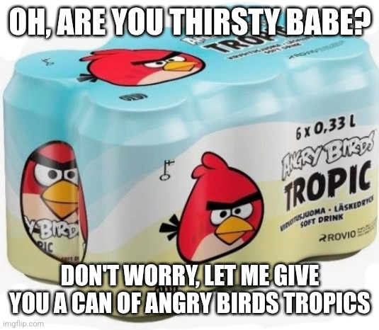 Better than Redbull | OH, ARE YOU THIRSTY BABE? DON'T WORRY, LET ME GIVE YOU A CAN OF ANGRY BIRDS TROPICS | image tagged in angry birds,memes,summer vacation | made w/ Imgflip meme maker