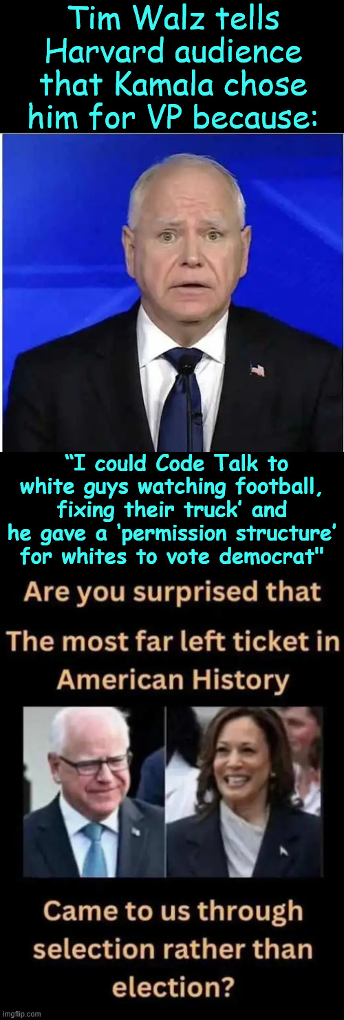 And they still can't figure out how they lost... Not enough cheating could fix this for them. | Tim Walz tells Harvard audience that Kamala chose him for VP because:; “I could Code Talk to white guys watching football, fixing their truck’ and he gave a ‘permission structure’ for whites to vote democrat" | image tagged in walz,steps in it again,his own family would not vote for him | made w/ Imgflip meme maker