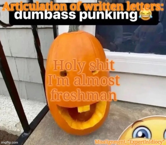 Comma for comma, my habits insensitive | Holy shit I'm almost freshman | image tagged in misalignment announcement template | made w/ Imgflip meme maker