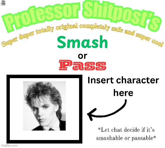 Professor Shitpost's smash or pass | WTF IS THIS TINY TEXT LMAO 🥀 | image tagged in professor shitpost's smash or pass | made w/ Imgflip meme maker