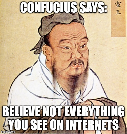 Confucius Says | CONFUCIUS SAYS:; BELIEVE NOT EVERYTHING YOU SEE ON INTERNETS | image tagged in confucius says | made w/ Imgflip meme maker