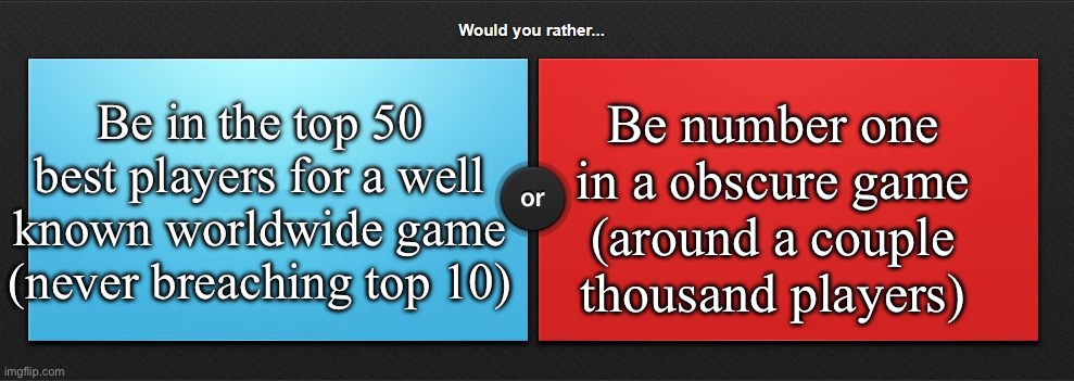 Something that randomly came to mind | Be number one in a obscure game (around a couple thousand players); Be in the top 50 best players for a well known worldwide game (never breaching top 10) | image tagged in would you rather | made w/ Imgflip meme maker