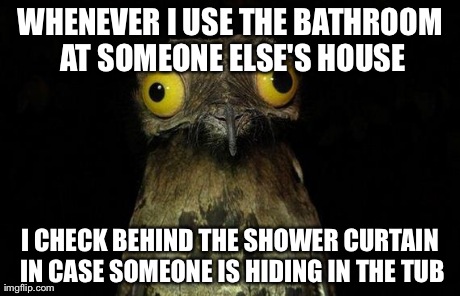 Weird Stuff I Do Potoo Meme | WHENEVER I USE THE BATHROOM AT SOMEONE ELSE'S HOUSE I CHECK BEHIND THE SHOWER CURTAIN IN CASE SOMEONE IS HIDING IN THE TUB | image tagged in memes,weird stuff i do potoo | made w/ Imgflip meme maker