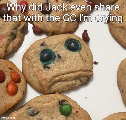Sad cookie | Why did Jack even share that with the GC I'm crying | image tagged in sad cookie | made w/ Imgflip meme maker