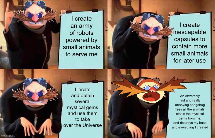 Eggman’s master plan | I create an army of robots powered by small animals to serve me; I create inescapable capsules to contain more small animals for later use; I locate and obtain several mystical gems and use them to take over the Universe; An extremely fast and really annoying hedgehog frees all the animals, steals the mystical gems from me, and destroys my base and everything I created | image tagged in memes,gru's plan | made w/ Imgflip meme maker