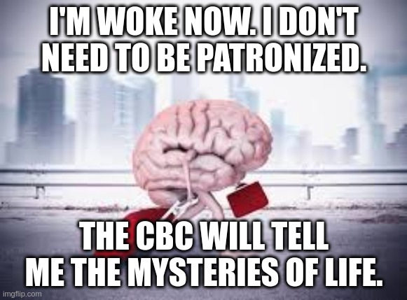 woke | I'M WOKE NOW. I DON'T NEED TO BE PATRONIZED. THE CBC WILL TELL ME THE MYSTERIES OF LIFE. | image tagged in brain | made w/ Imgflip meme maker