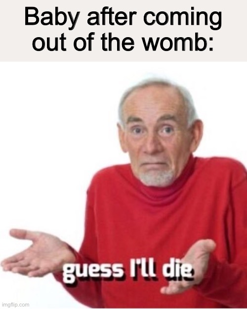 Guess I'll die | Baby after coming out of the womb: | image tagged in guess i'll die | made w/ Imgflip meme maker
