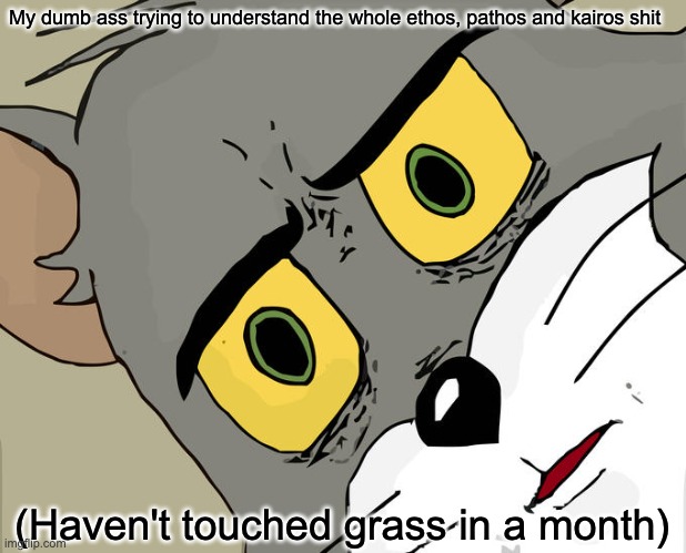 Writ project 2 | My dumb ass trying to understand the whole ethos, pathos and kairos shit; (Haven't touched grass in a month) | image tagged in memes,unsettled tom | made w/ Imgflip meme maker