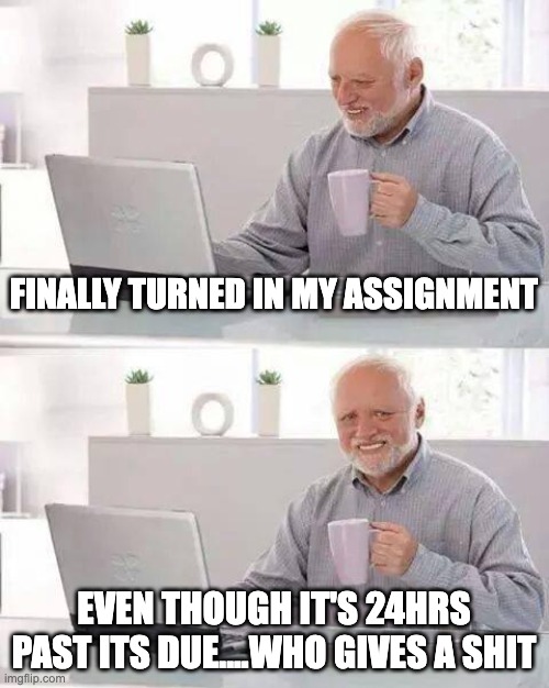 Writ project 3 | FINALLY TURNED IN MY ASSIGNMENT; EVEN THOUGH IT'S 24HRS PAST ITS DUE....WHO GIVES A SHIT | image tagged in memes,hide the pain harold | made w/ Imgflip meme maker