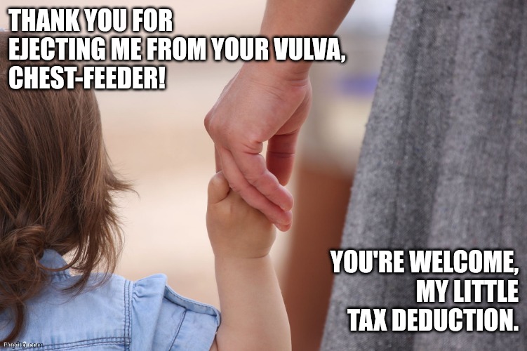 Mother and Child Holding Hands | THANK YOU FOR
EJECTING ME FROM YOUR VULVA,
CHEST-FEEDER! YOU'RE WELCOME,
MY LITTLE
TAX DEDUCTION. | image tagged in mother and child holding hands | made w/ Imgflip meme maker