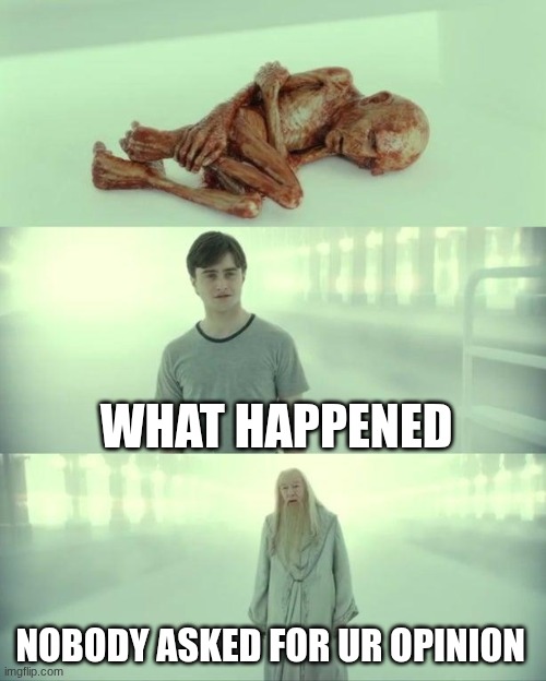 true | WHAT HAPPENED; NOBODY ASKED FOR UR OPINION | image tagged in dead baby voldemort / what happened to him | made w/ Imgflip meme maker