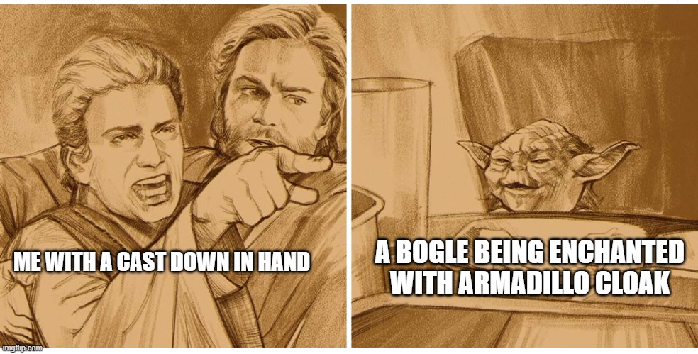 Woman Yelling at Cat Smudge (Star Wars) | A BOGLE BEING ENCHANTED WITH ARMADILLO CLOAK; ME WITH A CAST DOWN IN HAND | image tagged in woman yelling at cat smudge star wars | made w/ Imgflip meme maker