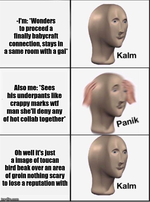 -I'm fine thanks. | -I'm: *Wonders to proceed a finally babycraft connection, stays in a same room with a gal*; Also me: *Sees his underpants like crappy marks wtf man she'll deny any of hot collab together*; Oh well it's just a image of toucan bird beak over an area of groin nothing scary to lose a reputation with | image tagged in reverse kalm panik,crappy design,underwear,saturday night live,bedroom,challenge accepted rage face | made w/ Imgflip meme maker