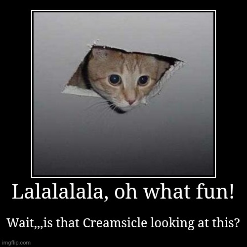 Is it/he/she? | Lalalalala, oh what fun! | Wait,,,is that Creamsicle looking at this? | image tagged in funny,demotivationals | made w/ Imgflip demotivational maker