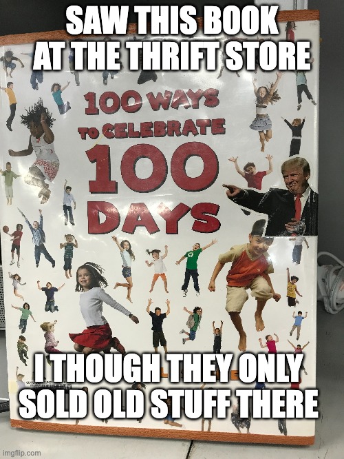 Make Thrift Stores Great Again | SAW THIS BOOK AT THE THRIFT STORE; I THOUGH THEY ONLY SOLD OLD STUFF THERE | image tagged in 100 days,trump | made w/ Imgflip meme maker