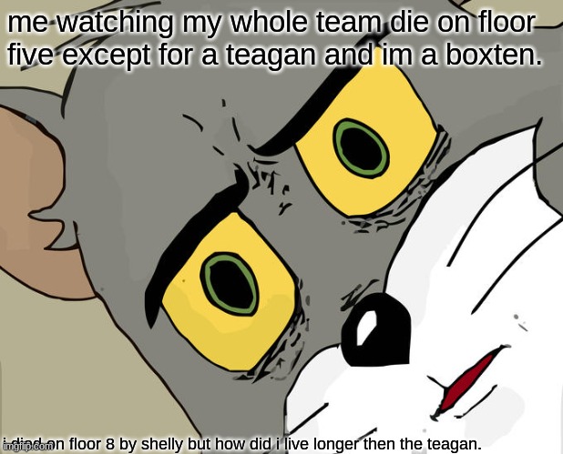 the team had a cosmo and a goob along with rodger and one toodles. | me watching my whole team die on floor five except for a teagan and im a boxten. i died on floor 8 by shelly but how did i live longer then the teagan. | image tagged in memes,unsettled tom | made w/ Imgflip meme maker