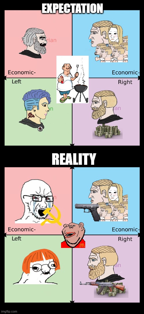 expectation vs reality pcm | EXPECTATION; REALITY | image tagged in political compass,yes chad,wojak | made w/ Imgflip meme maker