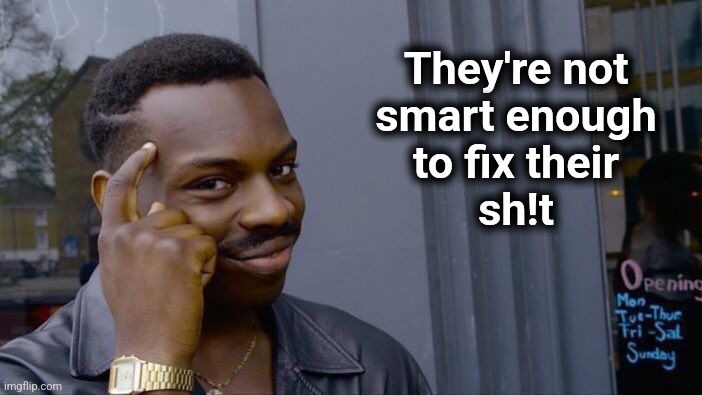 Roll Safe Think About It Meme | They're not
smart enough
to fix their
sh!t | image tagged in memes,roll safe think about it | made w/ Imgflip meme maker