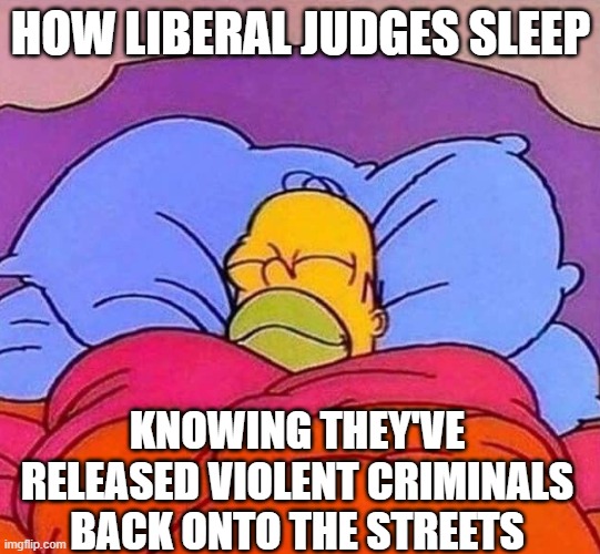 "You set fire to three babies, so I'm going to let you off with a warning" | HOW LIBERAL JUDGES SLEEP; KNOWING THEY'VE RELEASED VIOLENT CRIMINALS BACK ONTO THE STREETS | image tagged in homer simpson sleeping peacefully,liberals,democrats,political meme,democratic socialism | made w/ Imgflip meme maker