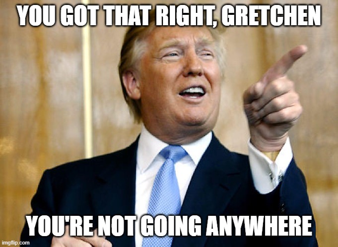 Donald Trump Pointing | YOU GOT THAT RIGHT, GRETCHEN YOU'RE NOT GOING ANYWHERE | image tagged in donald trump pointing | made w/ Imgflip meme maker