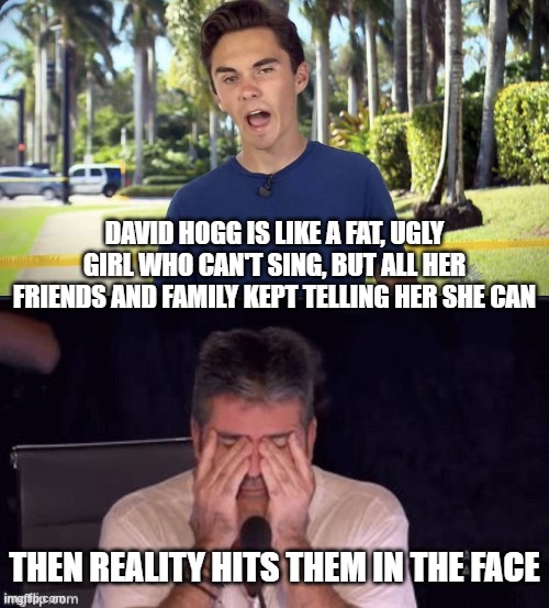 DAVID HOGG IS LIKE A FAT, UGLY GIRL WHO CAN'T SING, BUT ALL HER FRIENDS AND FAMILY KEPT TELLING HER SHE CAN THEN REALITY HITS THEM IN THE FA | image tagged in david hogg,frustrated simon cowell | made w/ Imgflip meme maker