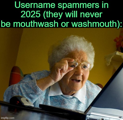 . | Username spammers in 2025 (they will never be mouthwash or washmouth): | image tagged in old lady at computer finds the internet | made w/ Imgflip meme maker
