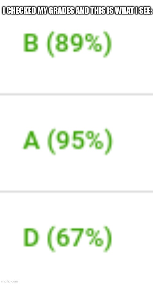 BAD grades | I CHECKED MY GRADES AND THIS IS WHAT I SEE: | image tagged in school,bad grades | made w/ Imgflip meme maker