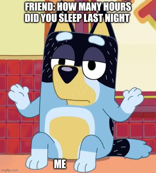 relatable | FRIEND: HOW MANY HOURS DID YOU SLEEP LAST NIGHT; ME | image tagged in bluey bandit too tired to care,memes,bluey,funny,relatable | made w/ Imgflip meme maker